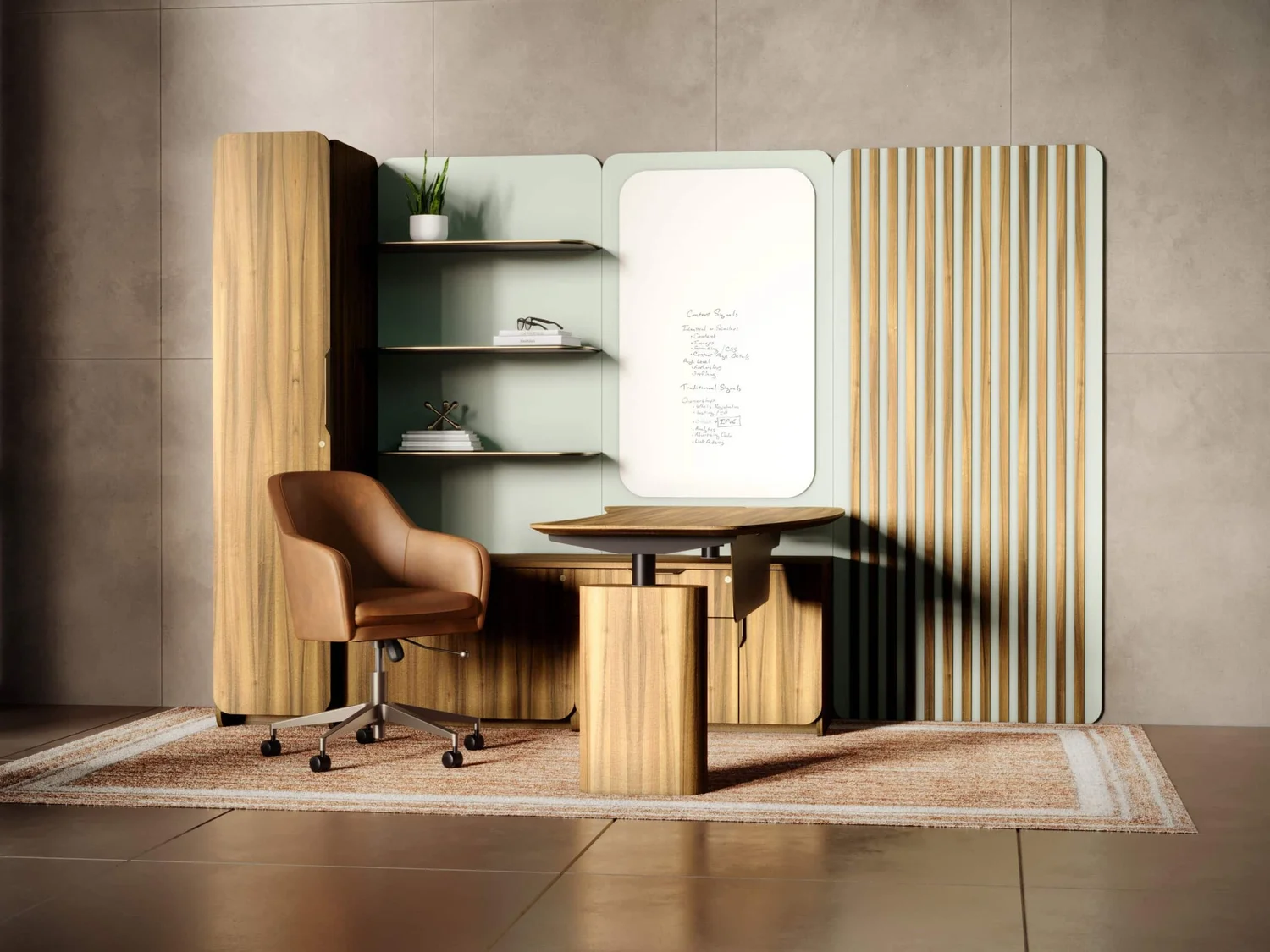 Modern private office with wood desk and leather chair.